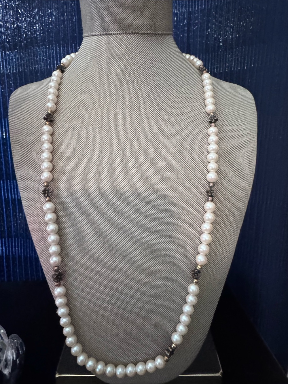 Classic Pearl Strand Necklace - White Pearls with Black Accent Beads